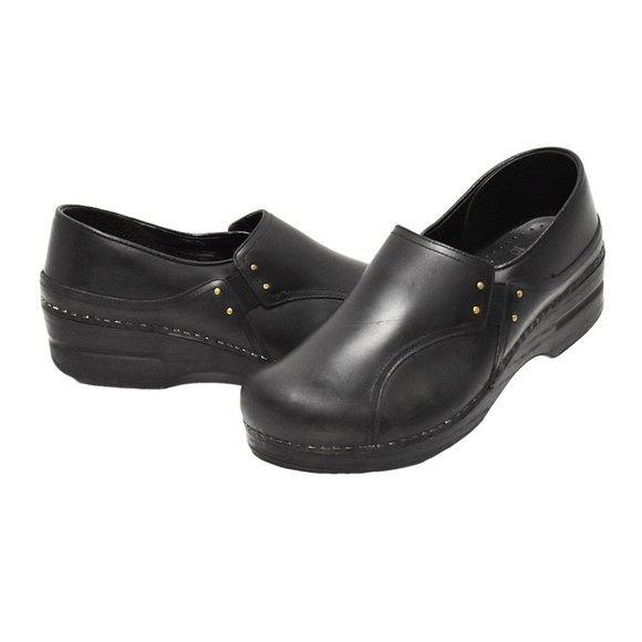 Dansko "Phoebe" Black Elastic Pull-on Leather Professional Clogs - Picture 4 of 11